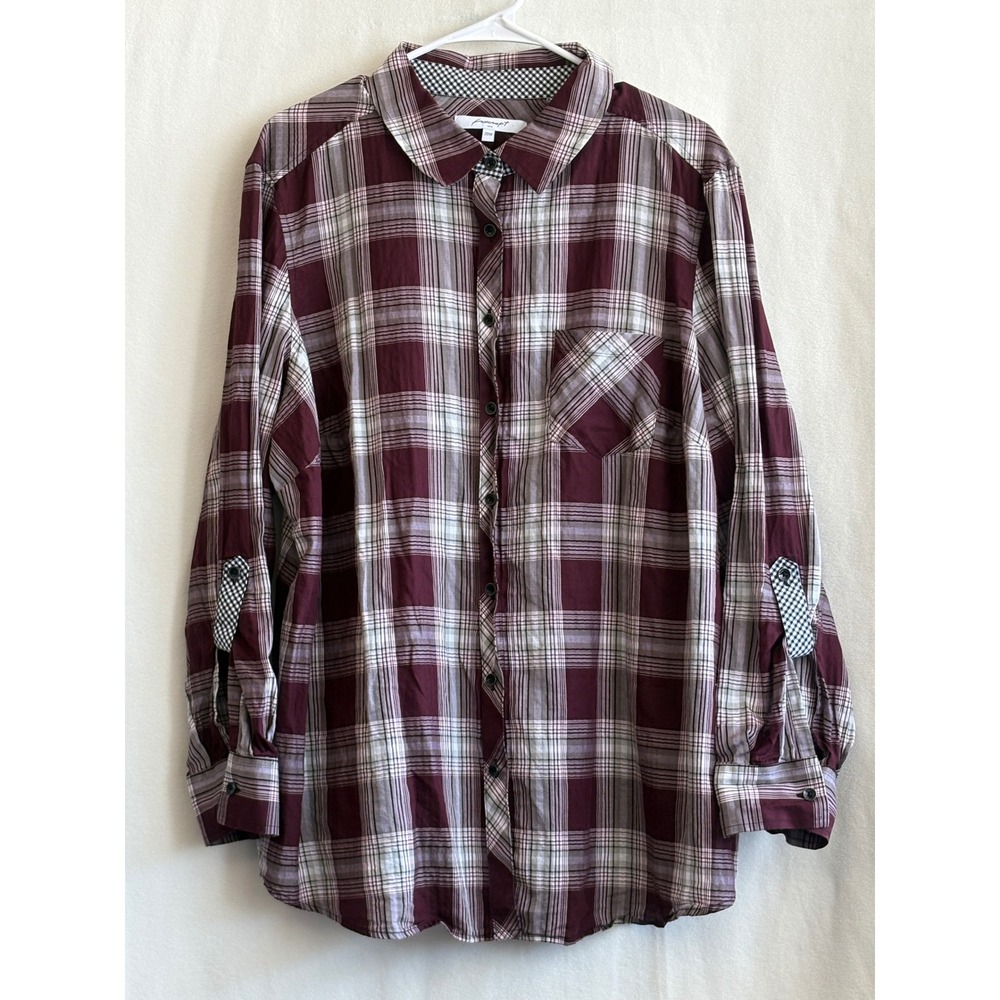 Foxcroft NYC Womens 20W Burgundy Plaid Roll Tab Sleeve Button Down Shirt Top